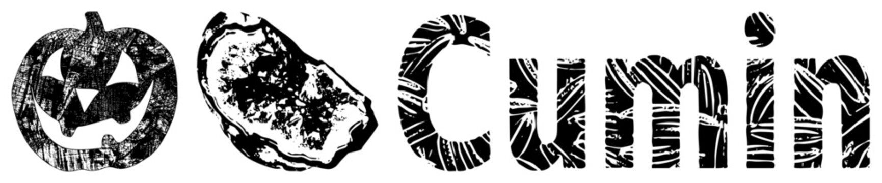 Halloween jack o lantern, oyster, and cumin spice text rendered in bold, textured, halftone style. Graphic design elements for culinary or seasonal themes.