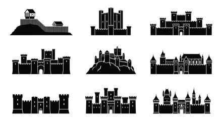 Fototapeta premium Medieval castle silhouette icons set, 9 black fortress and citadel vector elements, ancient stone palace and kingdom fortification graphics
