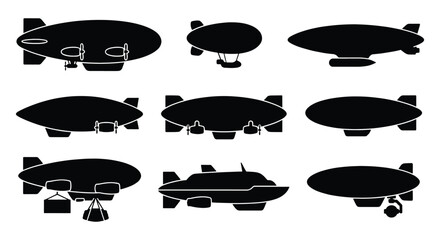 Vintage airship silhouette collection, 9 dirigible and blimp vector icons, retro zeppelin transport set for logo design and infographics © Sifat