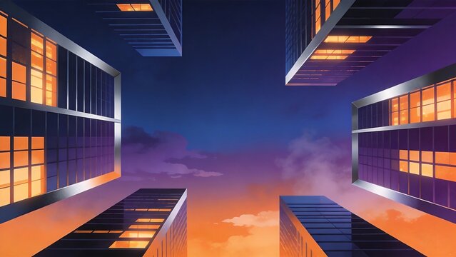 Futuristic skyscrapers at sunset