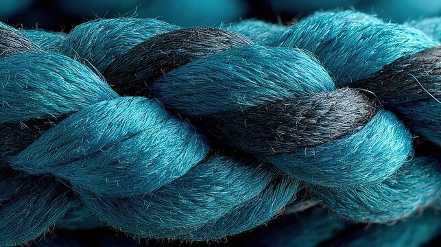 Detailed Macro Shot of Braided Blue and Black Rope Close Up