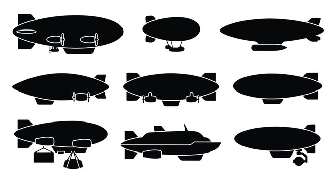Vintage airship silhouette collection, 9 dirigible and blimp vector icons, retro zeppelin transport set for logo design and infographics