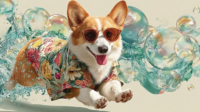 Cute Cartoon Corgi Dog with Sunglasses and Floral Shirt Illustration