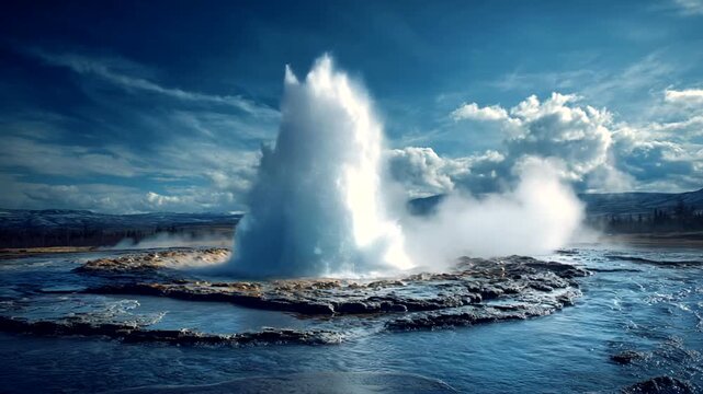 Powerful Geyser Erupting Steam and Water into the Sky.