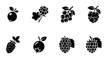 Minimalist berry icon set, black silhouette fruit symbols, collection of 8 forest berry vector elements for organic food packaging and menu design © Sifat