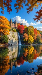 Obraz premium A serene castle by a lake surrounded by vibrant autumn foliage