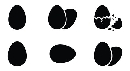 Fototapeta premium Minimalist egg icon set, black silhouette chicken eggs in various states, broken and whole egg vector collection for food and cooking design