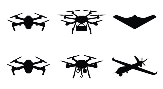 Unmanned aerial vehicle silhouettes, set of 6 drone icons and military uav vectors, black quadcopter and surveillance aircraft graphics
