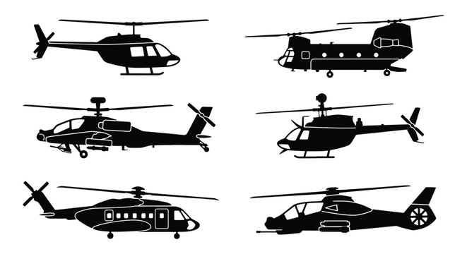 Black helicopter silhouettes set, 6 military and civilian aircraft icons, vector collection of transport choppers and attack helicopters
