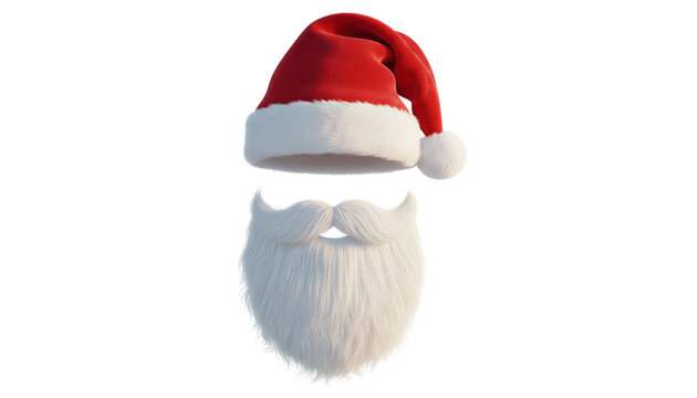 Santa Claus hat and white beard isolated on white background, festive Christmas costume elements, 3d render of red velvet hat and fluffy facial hair