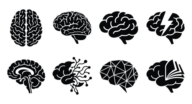Human brain icon set with 8 vector elements, black silhouette brain symbols for neurology and mental health, creative mind and artificial intelligence icons