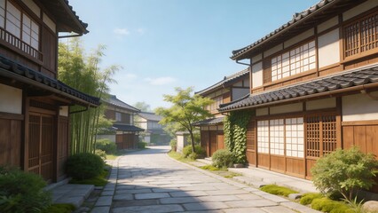 Obraz premium Traditional Asian street with wooden houses