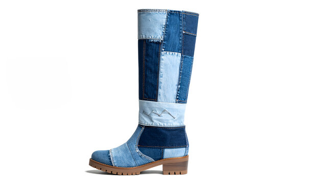 Mid calf boot made of denim patches in various indigo washes with raw edges and zig zag stitching in urban daylight generative AI
