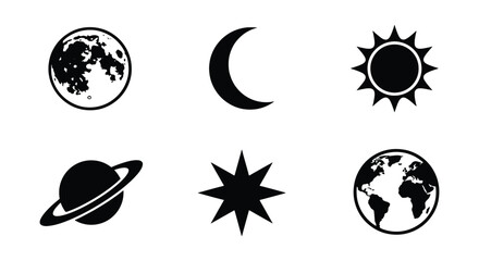 Celestial icon set with sun, moon, and planets, 6 black vector space symbols, minimalist astronomy elements for logo design and web graphics © Sifat