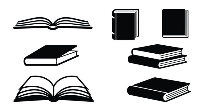 Minimalist book icon set with 7 black and white vector elements, open and closed books for education and library design, simple literature symbols