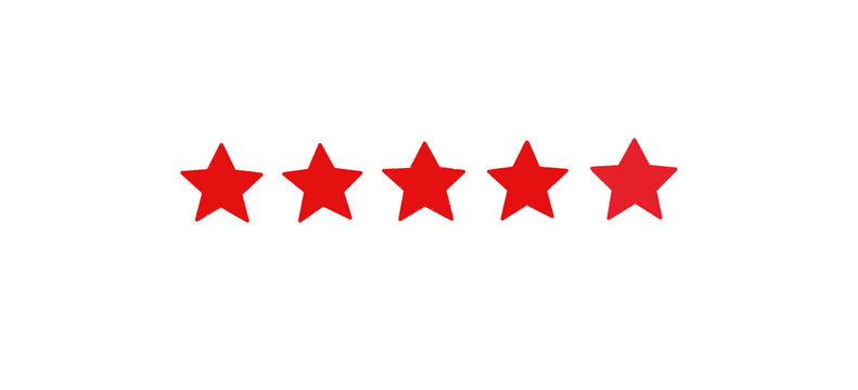 Five red stars rating icon or customer reviews. PNG file type.