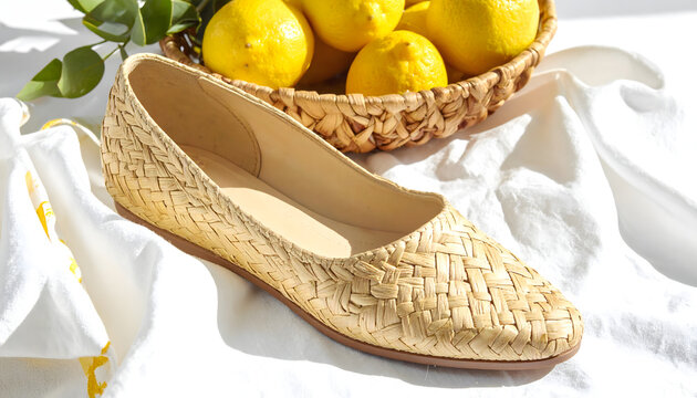 Flat shoe made of woven natural raffia on a white linen cloth beside lemons in bright airy mediterranean daylight atmosphere generative AI