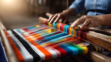 Fototapeta premium Artisans Skillfully Weaving Colorful Threads into Vibrant Textile Designs