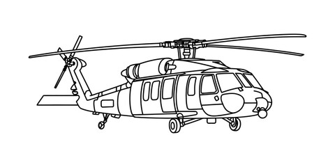 A simple black and white line drawing of a military utility helicopter for kids to color in now Vector, illustration © Jotish_Design Store