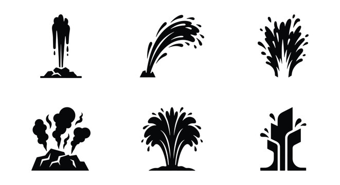 Black oil fountain icons set, 6 crude oil splash and geyser vector elements, petroleum industry gushing well symbols on white background