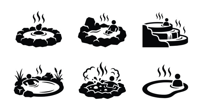 Hot spring icon set with 6 vector elements, natural thermal bath and spa wellness symbols, black and white onsen and geothermal pool illustrations