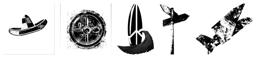 Obraz premium Mexican sombrero, vintage ship wheel, surfboard with wave, directional signpost, abstract ship all rendered in gritty black and white vector art with distressed texture.