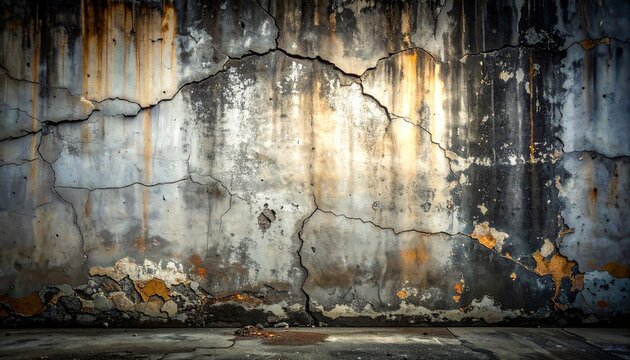 A grungy concrete wall background shows cracks and stains with an urban decay look.