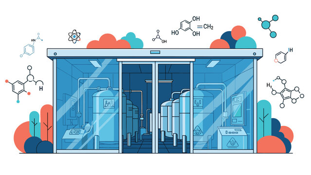 Modern industrial chemical plant featuring large pressurized tanks and laboratory equipment for advanced manufacturing and scientific research.