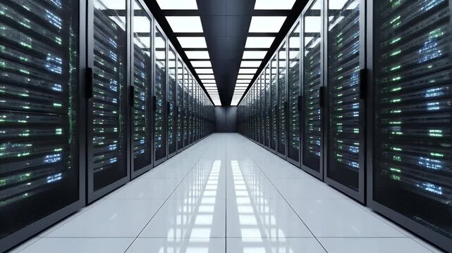 A long corridor showcases rows of densely packed server racks in a modern data center.