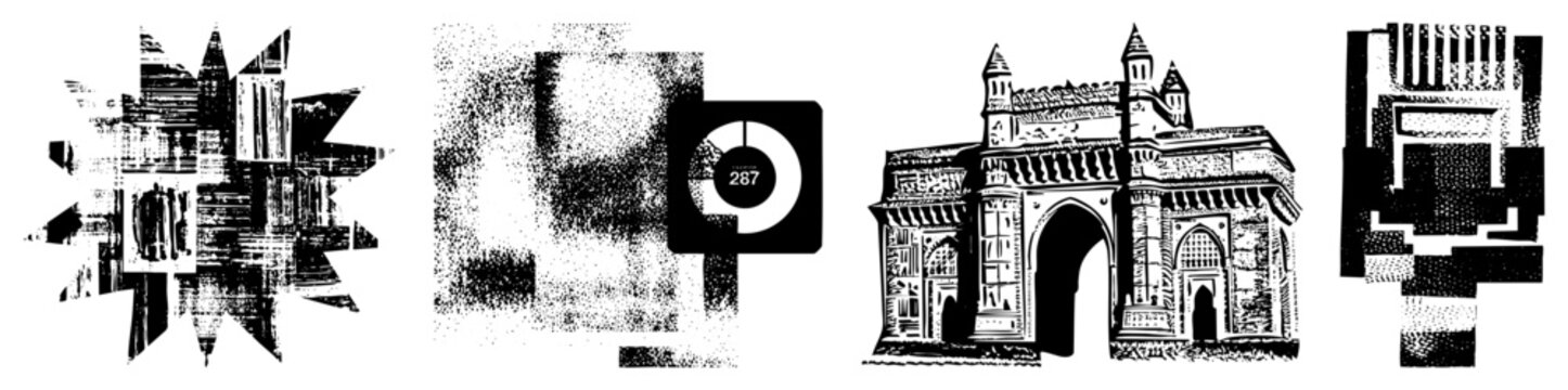 Black and white vector illustrations featuring stylized buildings, halftone textures, and fragmented shapes, ideal for graphic design or UI elements.