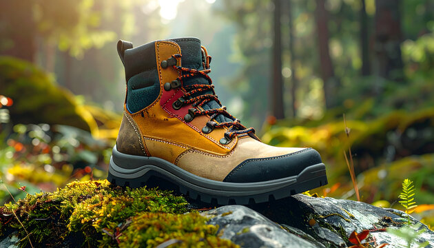 Hiking boot with colorful rope laces and d ring eyelets made of suede and nylon on a mossy forest rock generative AI