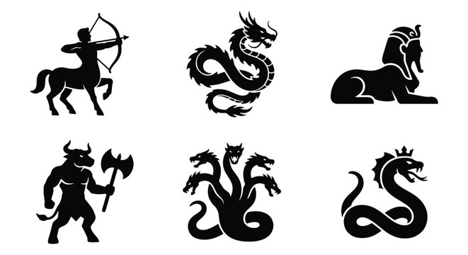 Mythological creatures silhouette icons, set of 6 fantasy monster vectors, ancient greek and egyptian legend symbols for gaming and logo design