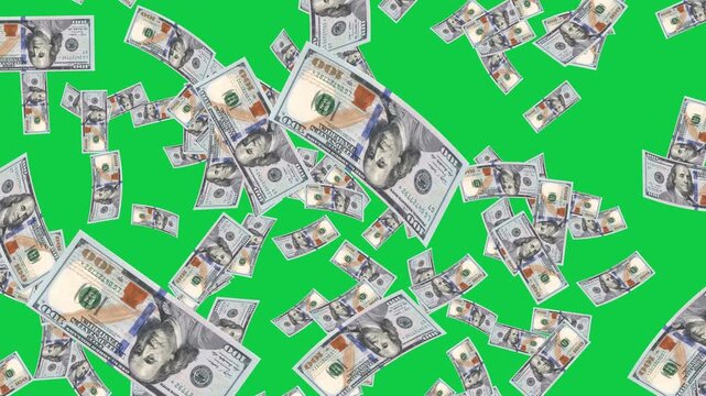 dollar money banknotes falling isolated on green screen animation, chroma key economy and business, stock market exchange social media motion design element