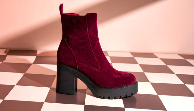 High platform block heel boot in burgundy velvet on a checkered retro floor under warm nostalgic seventies style indoor lighting generative AI