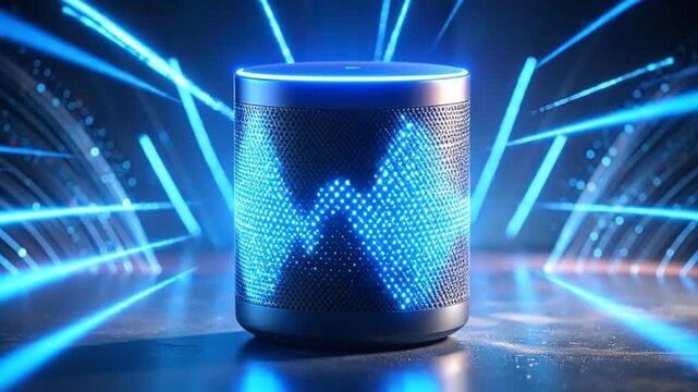 Modern smart speaker with a glowing sound wave display, set against a futuristic background.
