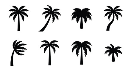 Fototapeta premium Black palm tree silhouette icons, set of 8 tropical coconut tree vector elements, summer beach vacation symbols on white background