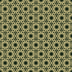 Fototapeta premium Seamless green and gold geometric pattern. Abstract floral mandala motifs in a repeating luxury background. Vector.