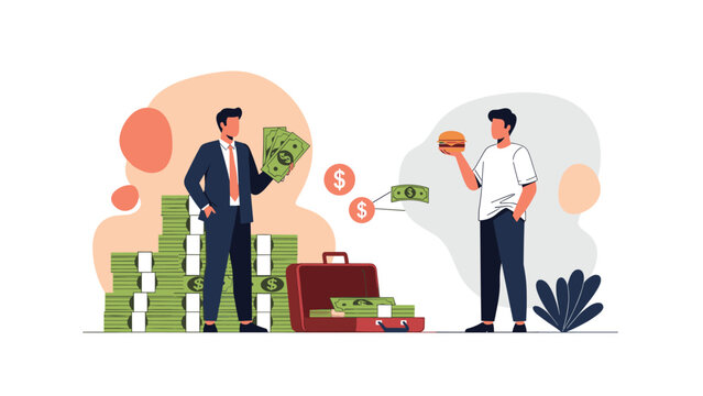 Economic inequality illustration with a wealthy businessman and a common person representing wealth disparity.