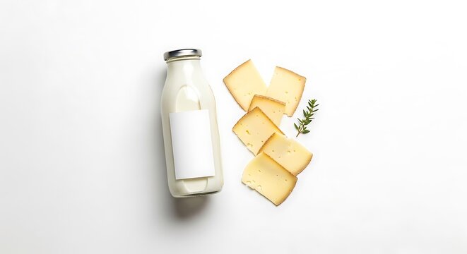 milk bottle and cheese slices on white background