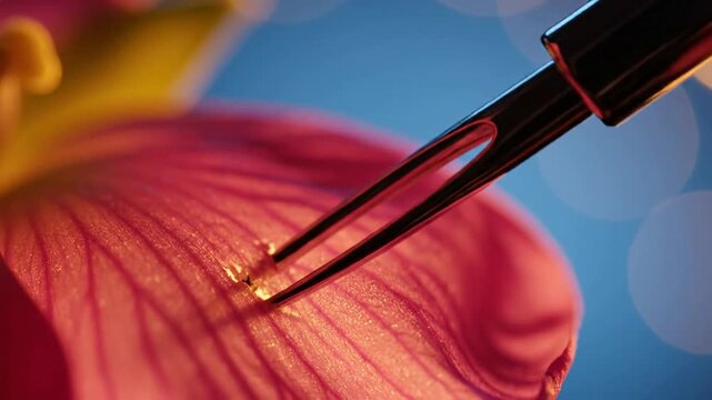 Close up of a pink flower with a tool for scientific study