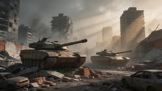 Tanks in a wartorn city