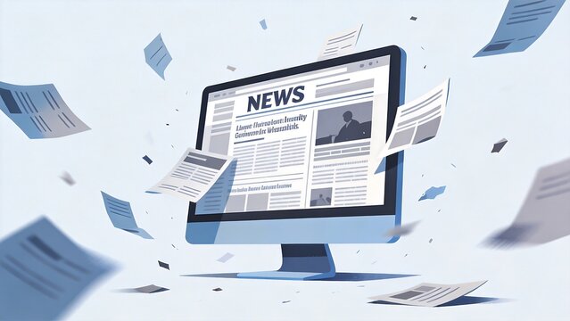 Computer screen with news articles flying out