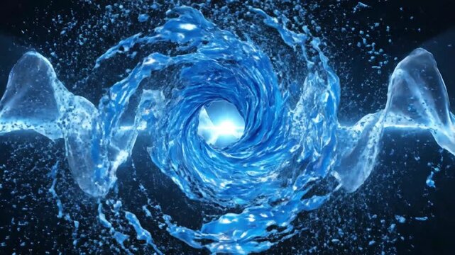 Water swirls in a mesmerizing blue vortex with splashes and a glowing center