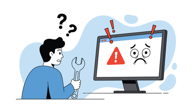 Confused man holds wrench while facing technical computer error on screen representing troubleshooting and hardware repair issues.