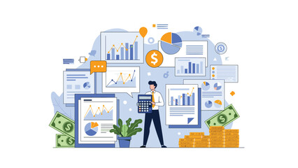 Fototapeta premium Professional accountant manages finances using a calculator amidst various business performance charts and stacks of cash money.