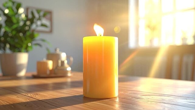 A lit yellow candle on a wooden table, with a bright window in the background, creating a warm atmosphere.