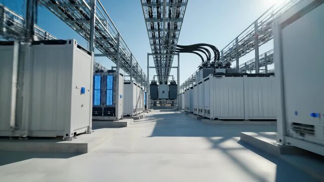 Long rows of industrial units lined up under a clear blue sky with overhead pipelines