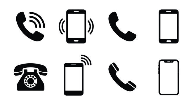 Minimalist phone icon set, black silhouette telephone and smartphone symbols, 8 vector communication elements for business contact and support