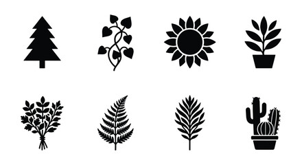 Minimalist plant icons set, black botanical silhouettes of trees and flowers, collection of 8 nature vector elements for web design and branding © Kawsar