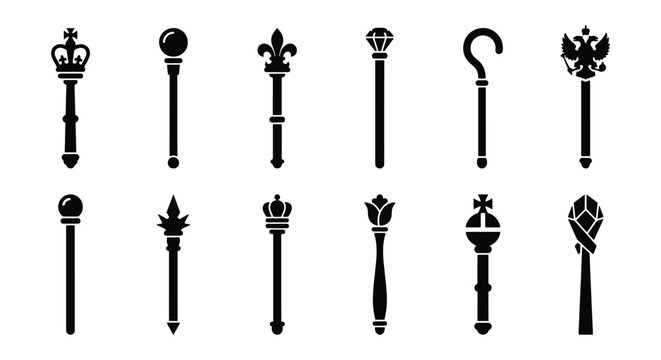 Royal scepter icon set with 12 black vector silhouettes, medieval monarch staff collection, king and queen ceremonial regalia symbols for heraldry